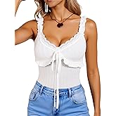 winkbay Women's Lace Trim Tie Front Crop Tank Top Ruffle Deep V Neck Going Out Tops