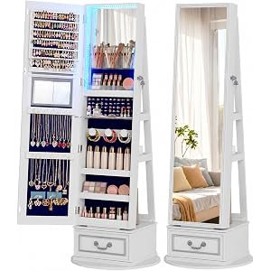 dnbss Mirror Jewelry Cabinet with Lights, Full Length Mirror and Storage | Large Storage Organizer, Space Saver Jewelry Armoi