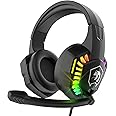 Wired Gaming Headset with Rainbow RGB Backlight Retractable Noise Isolating Microphone Stereo Sound Deep Bass Memory Foam Earmuff Over Ear Headphone for PS4 Xbox One Switch PC Mac Gamer Music (Black)