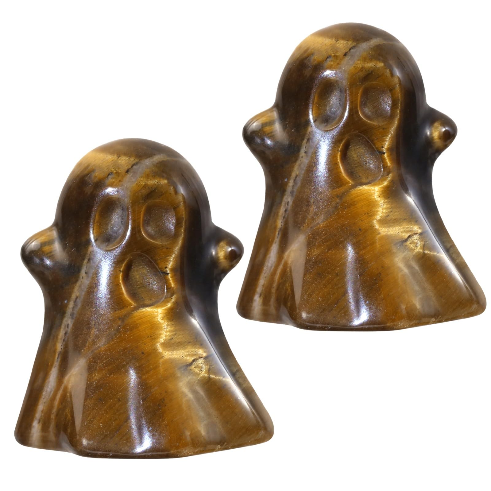 mookaitedecor Set of 2 Mini Tiger's Eye Crystal Ghost Statue for Halloween Decorations & Micro Landscape Ornament, Hand Carved Healing Crystal Figurine Sculpture Cute Gothic Gifts & Witch Gift