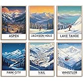 KROEY Ski Poster Apres Ski Snowy Mountain Posters Vintage Ski Canvas Wall Art For Modern Family Bedroom Living Room Dorm Classroom Office Decor (8×12 inch(20×30cm),Set of 6, Unframed)