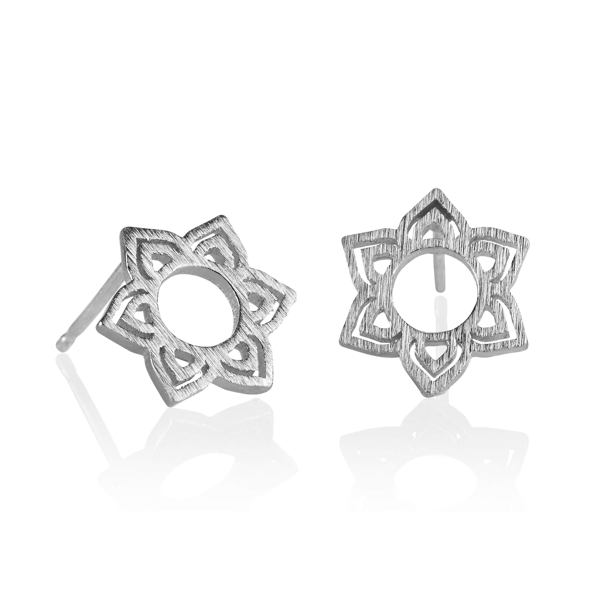 Namana Shatkona Yantra Silver Stud Earrings for Women. Brushed Finish Silver Earrings For Women. Sacred Geometry Shatkona Silver Studs for Women with Gift Box.