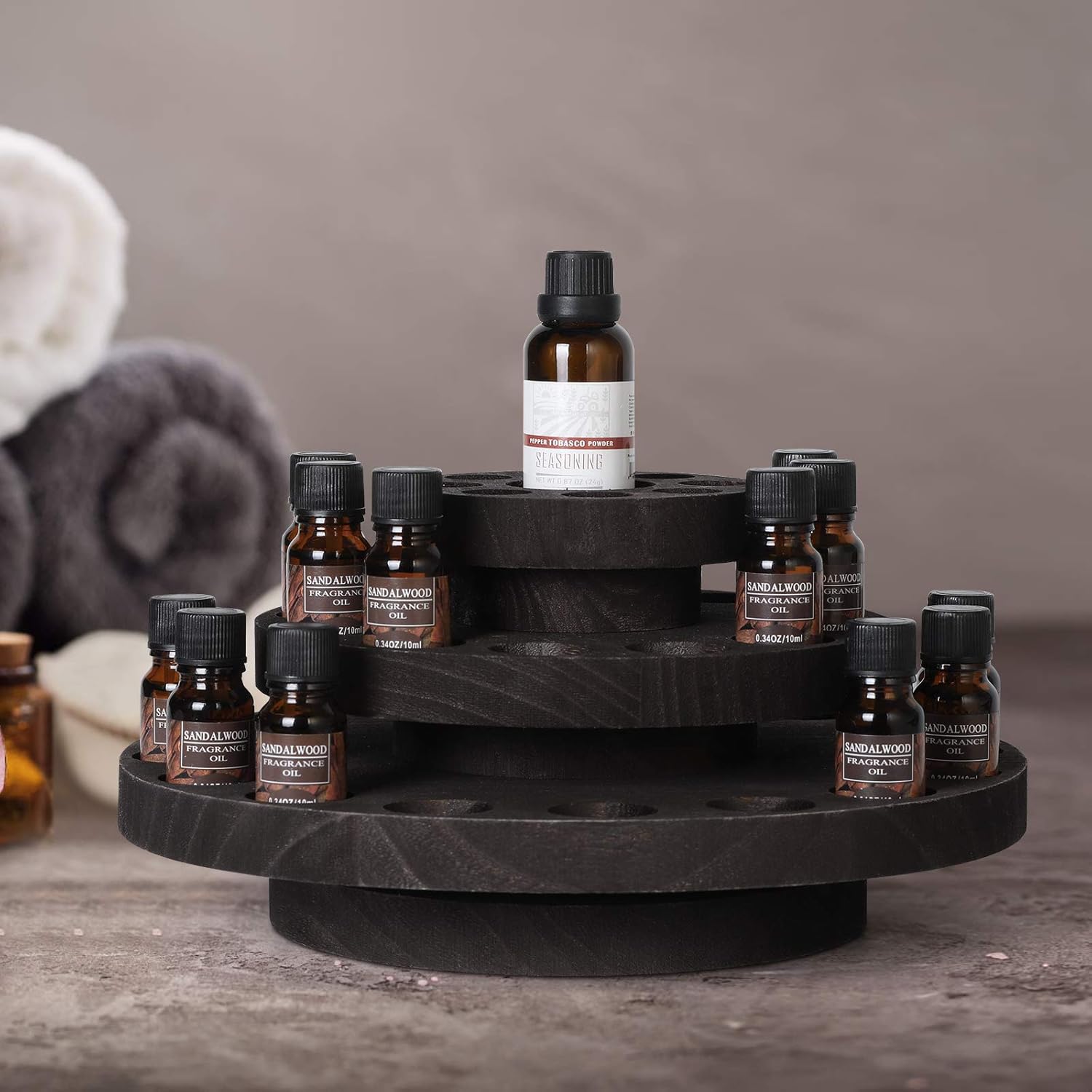 MOOACE 3 Tier Rotating Essential Oil Storage Box Hold 5/10/15/20/30ml Bottles, Wood Essential Oil Organizer Display, Dark Brown: Beauty