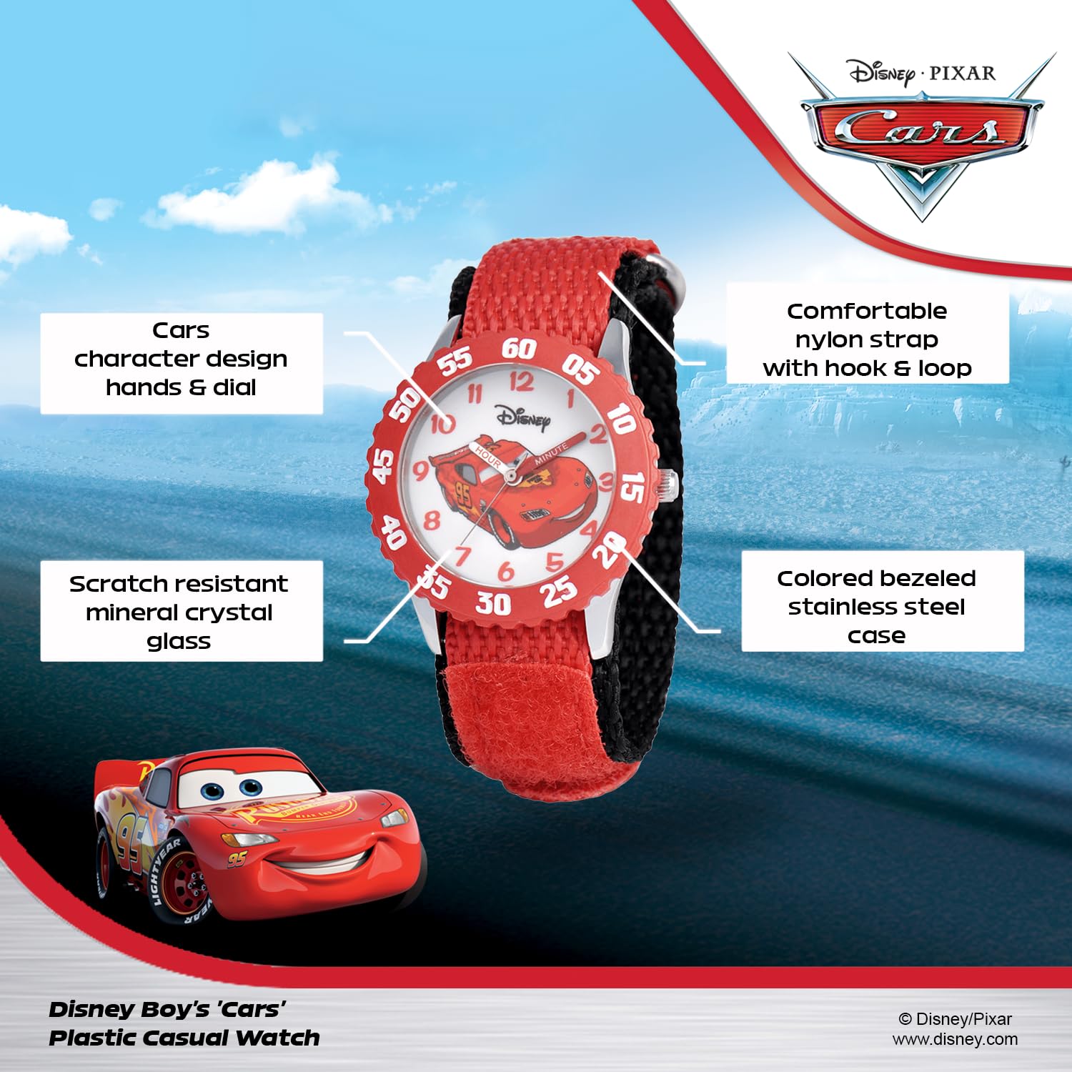 Disney Lightning McQueen Watch for Boys – Cars Analog Watch for Kids 3-5, Toddler, Boys – Black Bezel, Nylon Strap – Fun and Stylish Cars Watches Featuring Lightning McQueen Toddlers and Young Kids