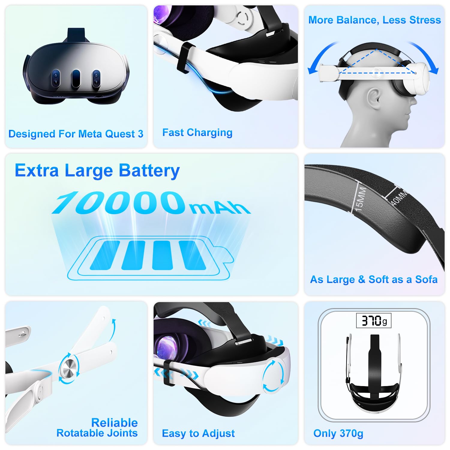 Saqico Head Strap Battery Compatible with Meta Quest 3S/Quest 3-10000mAh Elite Strap with Battery Pack Extend Playtime - Enhanced Support for Quest 3S - Replacement Battery Head Strap Accessories