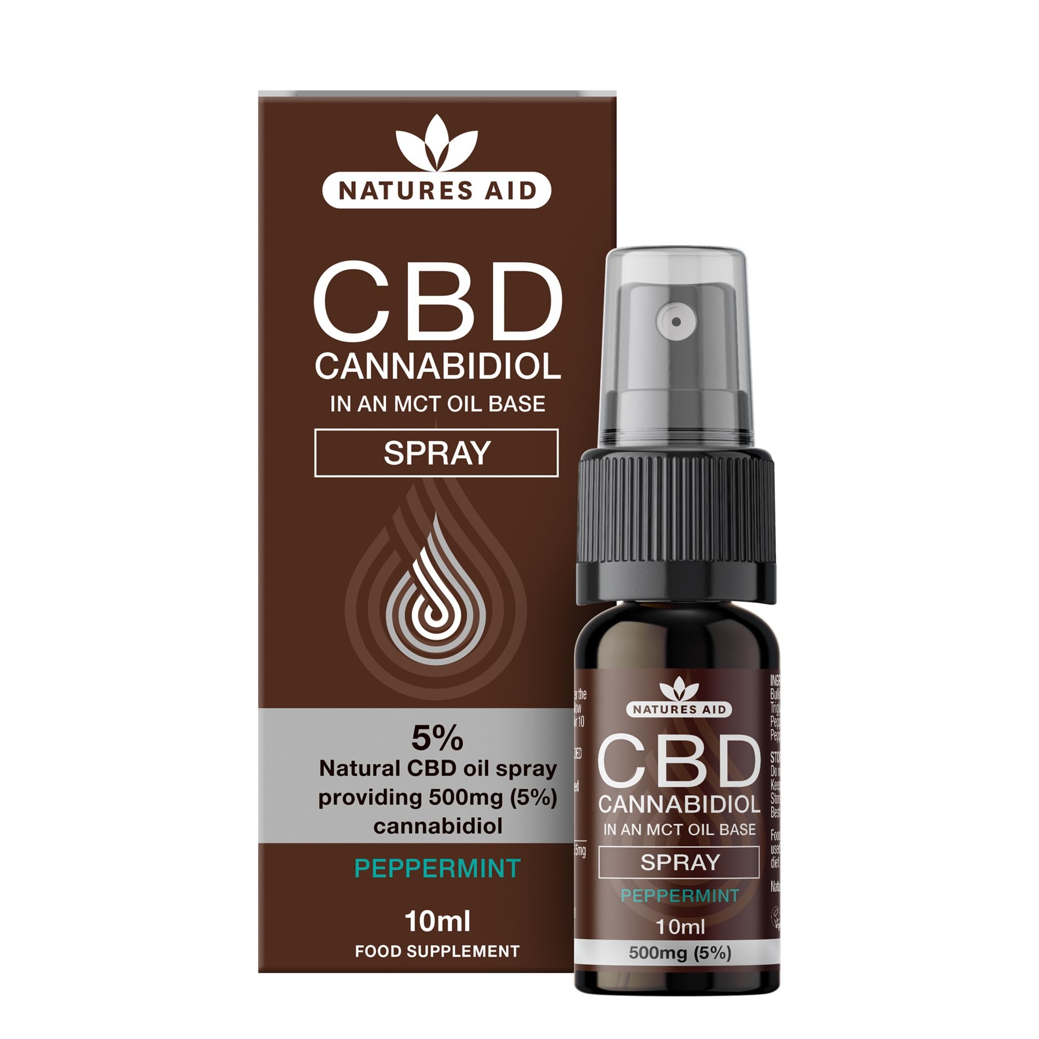 Natures Aid CBD Oil 5% Spray 500mg - Supports Stress Sleep & Anxiety Relief - Natural Peppermint Flavour - High Potency Cannabidiol - Non-GMO, Vegan - Easy Dose Oral Spray - 10ml