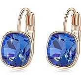 Austrian Crystal Square Cushion Drop Leverback Earrings for Women 14K Rose Gold Plated Hypoallergenic Jewelry