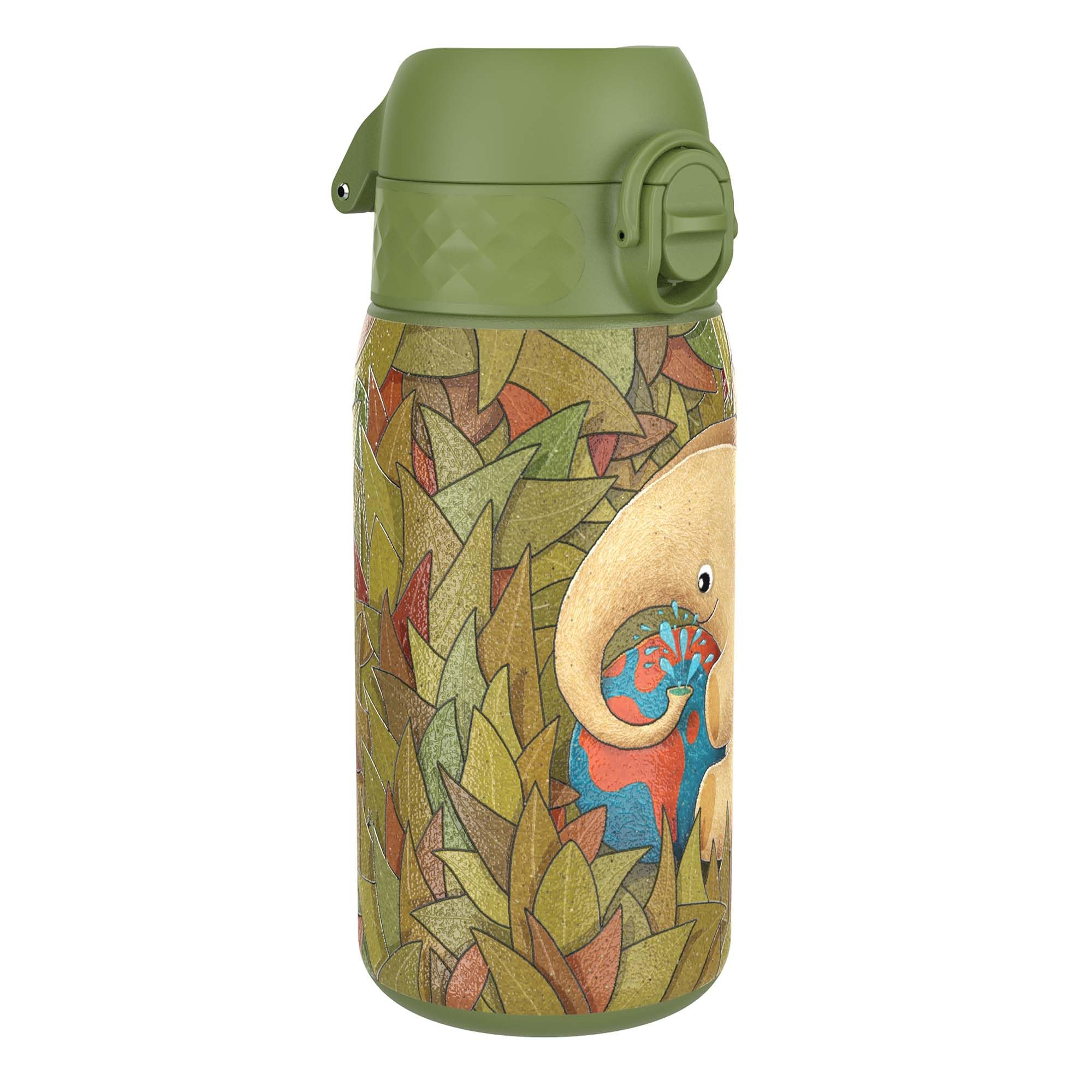 ION8 Lightweight Steel Kids Water Bottle, 400ml/13oz, Non-Insulated, Leak Proof, Easy to Open, Secure Lock, Dishwasher Safe, Fits Cup Holders, Carry Handle, Metal Water Bottle, Green, Elephant