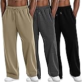 August Alley 3 Pack Men's Straight Leg Sweatpants, Open Bottom Athletic Baggy Pants Lounge Drawstring Pants with 3 Pockets(Khaki, Charcoal Gray, Black,X-Large)