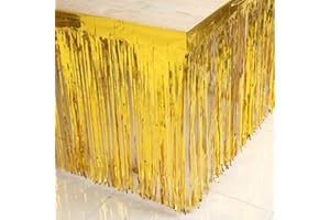 CareCheer 2 Pack 29x108 Inch Metallic Foil Fringe Table Skirt Tinsel Skirting Garland Banner for Parade Floats Trailer Mardi Gras Birthday Baby Shower Wedding Party Decoration (Gold)
