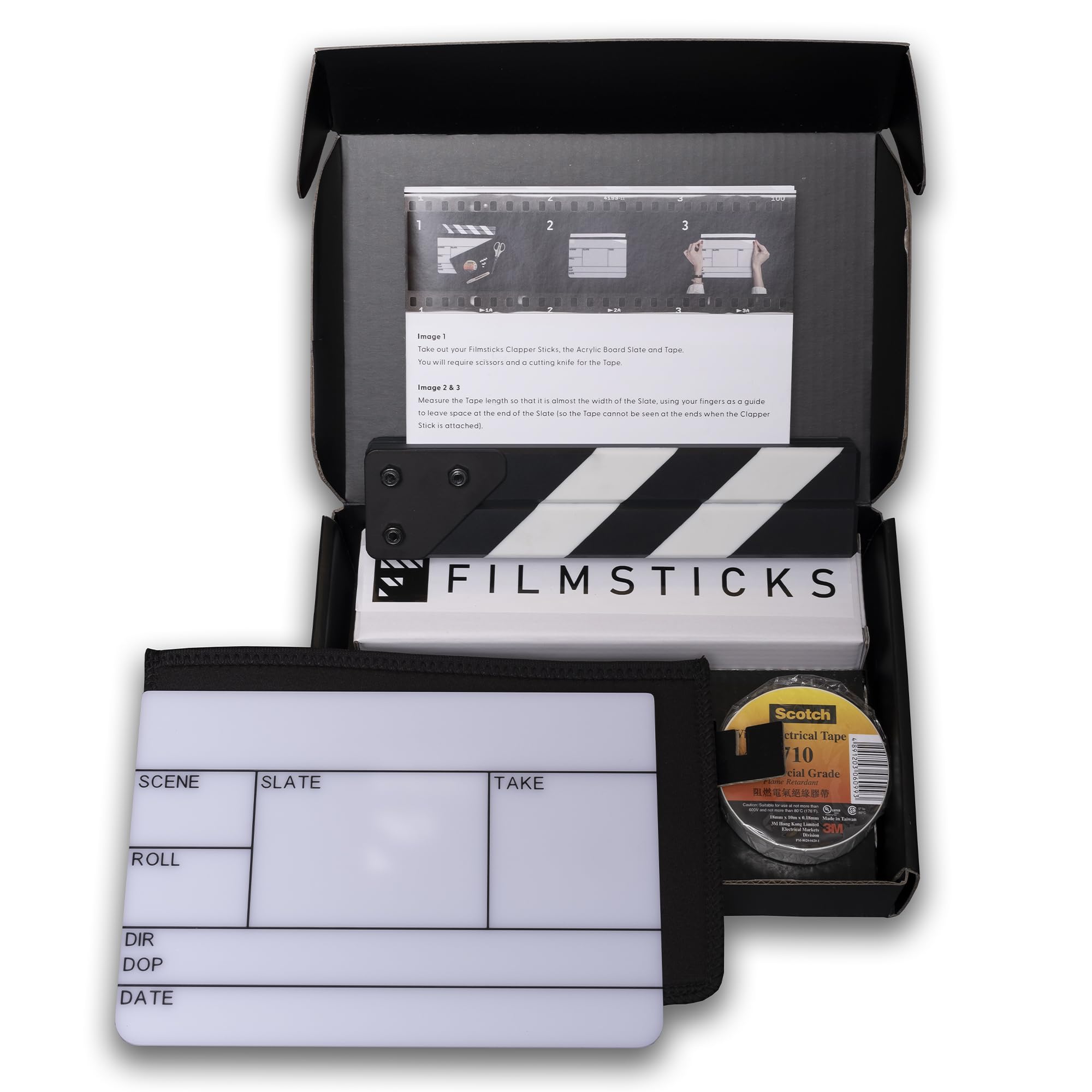 Filmsticks Premium Clapperboard Kit Small EU Layout, 190x129 mm, Acrylic Film Slate with All Weather ABS Clapper Sticks, Professional Wipe-Clean Movie Slate for Film and TV Production