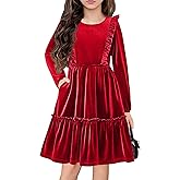 Arshiner Girls Dress Long Sleeve Ruffled Hem Casual Velvet Dress with Pockets 5-14 Years