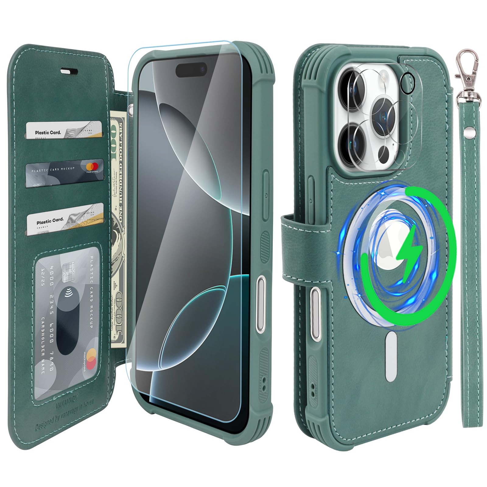 VANAVAGY Compatible for iPhone 16 Pro Max Wallet Case for Magsafe Wireless Charging,Leather Flip Wrist [Glass Screen Protectors and Camera Lens Protectors]with RFID Block Card Holder,Forest Green