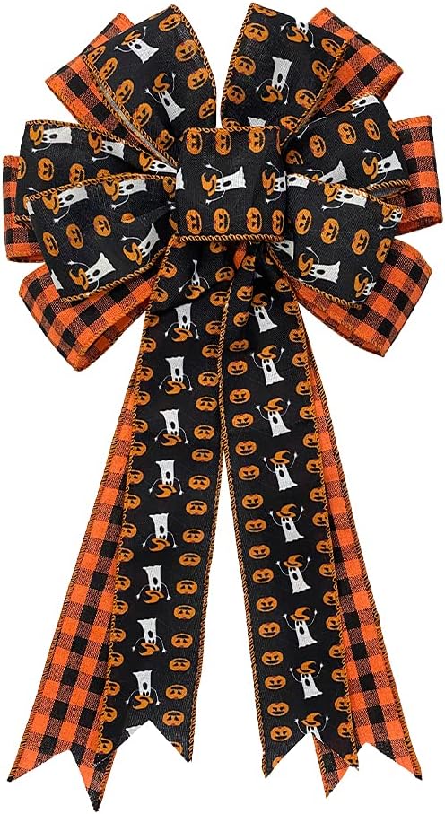 Bows & Ribbons - Large Halloween Bow for Wreath, Black Red Buffalo Plaid Bows for Fall Halloween Party, Ghost Pumpkin Halloween Wreath Bow Tree Topper Bow for Indoor Outdoor Wall Door Halloween Decoration Supplies