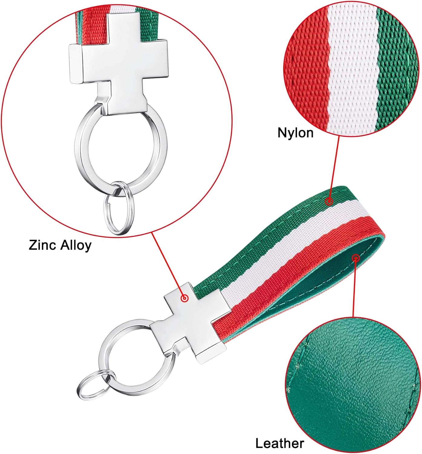 TOMALL Italian Flag Stripe Keychain Ring Nylon Strap Key Band Inner PU Leather 3-color Stripe Key Fob Chain Fashion Stripe for Car Key Wallet Europe Universal - Image 5
