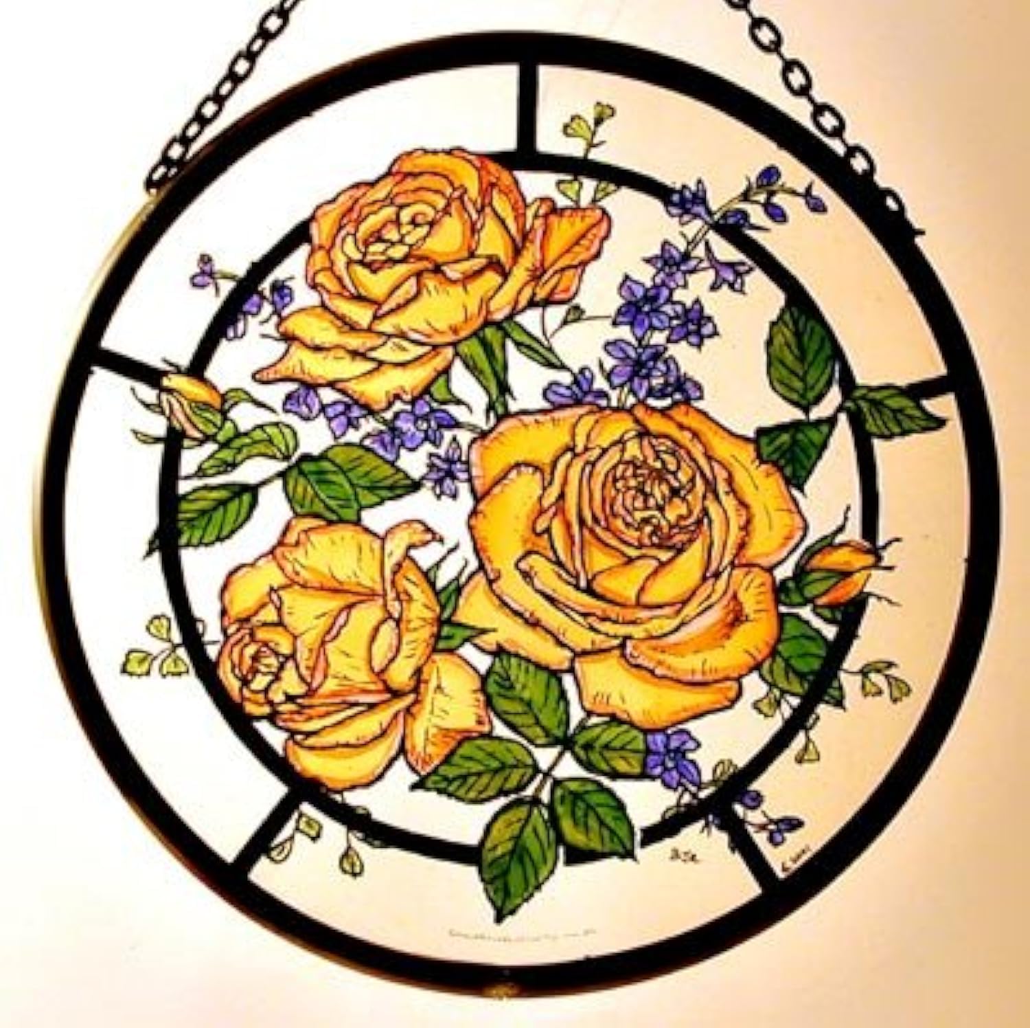 Decorative Hand Printed Stained Glass Window Sun Catcher/Roundel in a Golden Roses Design.
