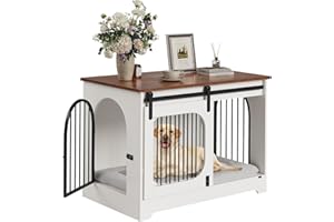 Dog Crate Furniture,39.4" Dog Kennel with Bed Mat Up to 70 Lb,Heavy-Duty Dog Cage End Table,Three Doors Dog House, White/Brow