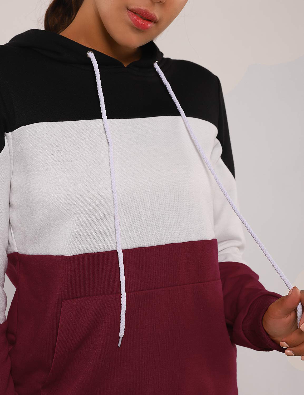 Blooming Jelly Women\'s Striped Hoodies Long Sleeve Drawstring Sweatshirt Color Block Tops with Pocket(Bkack,L=UK 14) Red