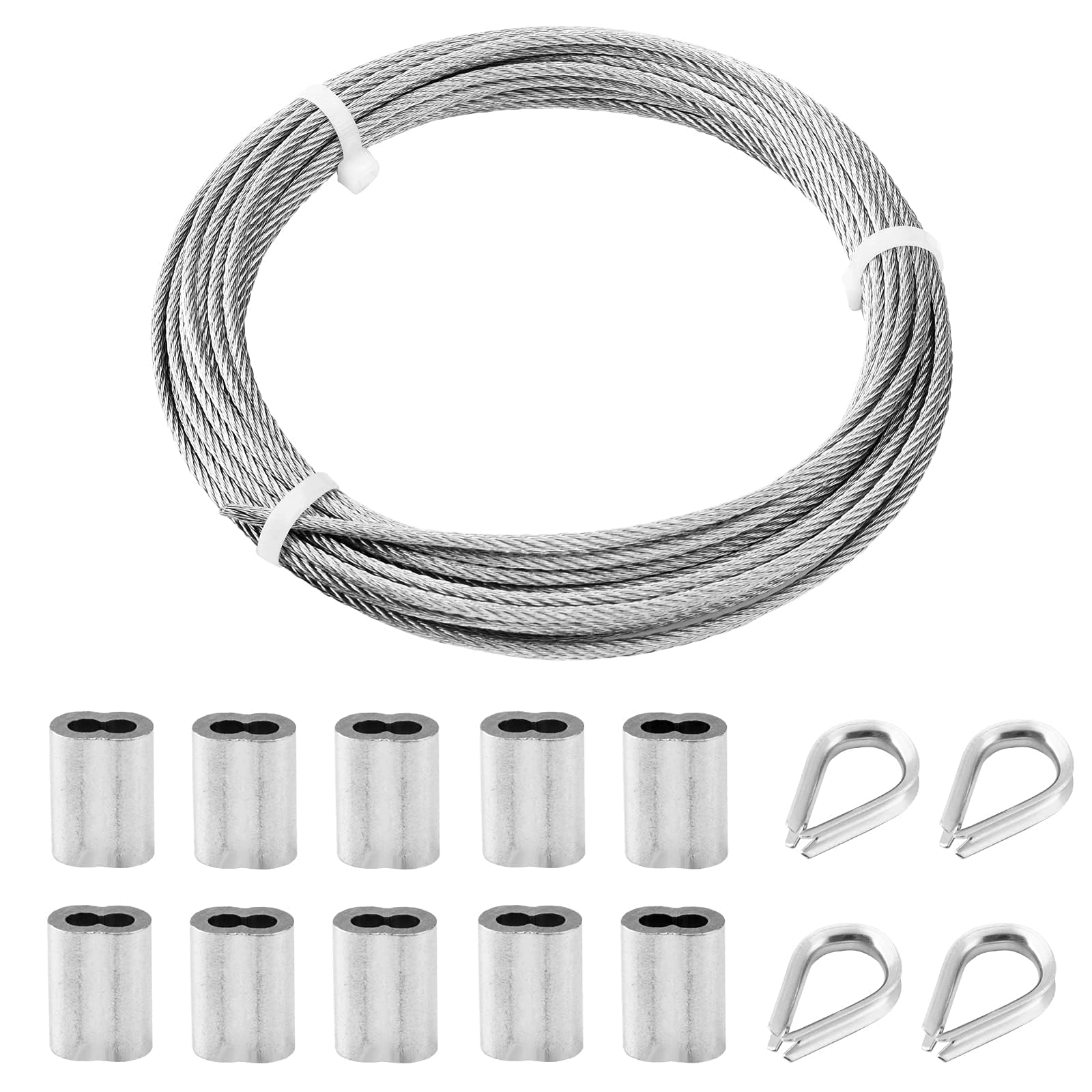 TooTaci Wire Rope, 10M/3mm Stainless Steel Cable Wire Rope with10pcs M3 Crimping Sleeves & 4pcs Thimbles,Ideal for Garden Fence, Trellis, Climbing Plants Support, Railing & Hanging DIY