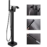 ALGRTS Waterfall Freestanding Bathtub Faucet, Floor Mount Bathroom Tub Filler Shower Faucets with Handheld Sprayer, Matte Black