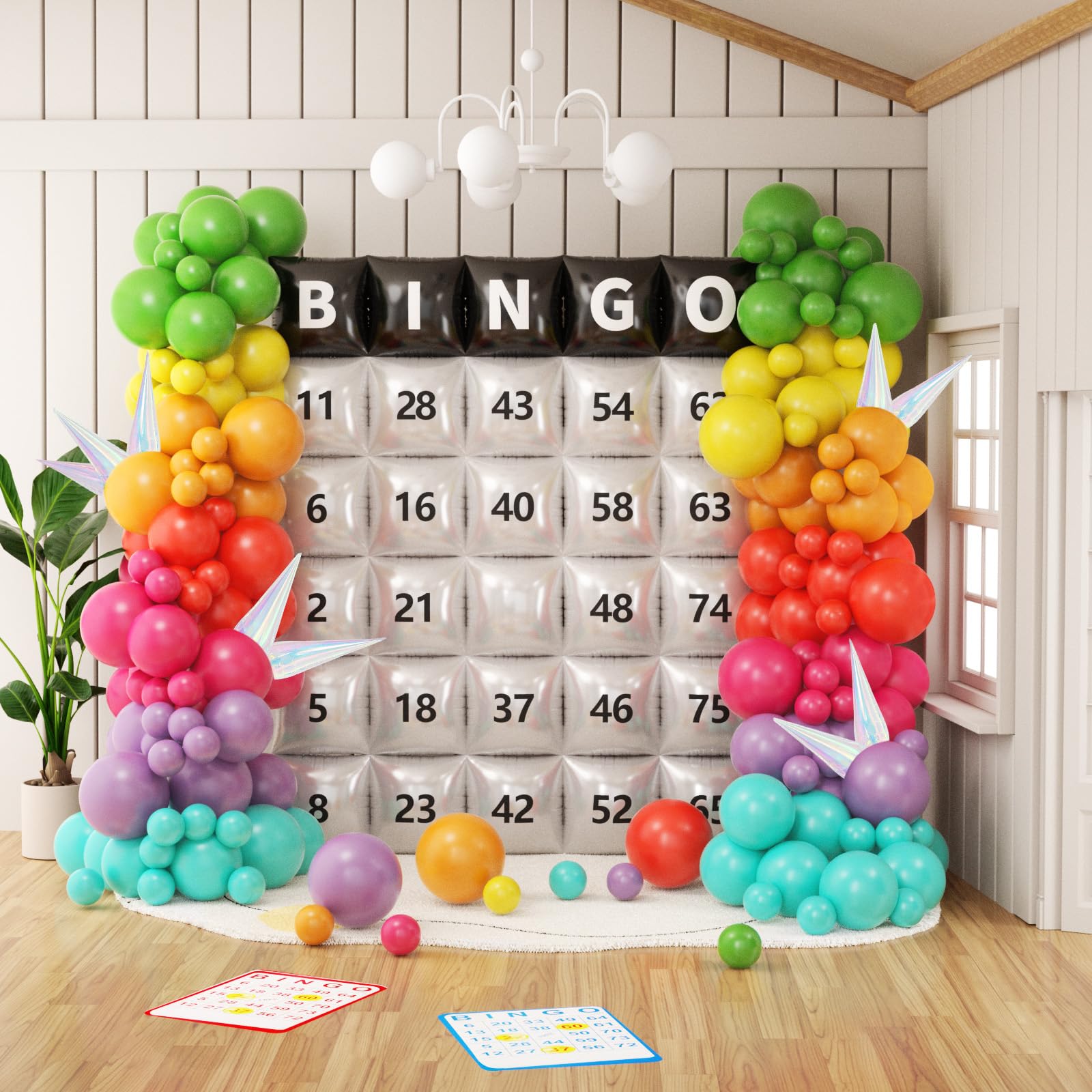 Photo 1 of 184PCS Bingo Games Party Balloons Garland Arch Kit, 9ft tall Square Foil Balloons Backdrop Wall with Pastel Latex Balloons & letter sticker for Bingo Decorations