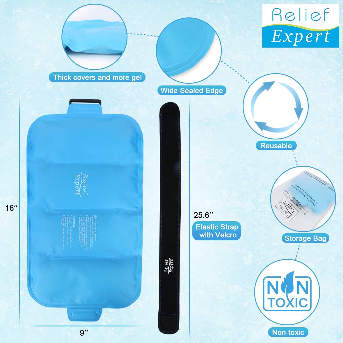 Relief Expert Ice Pack for Injuries Reusable(16" x 9") Gel Cold Pack for Lower Back, Shoulder, Knee, Hip Pain Relief, Cold Compress for Swelling, Bruises, Surgery – Flexible, Hands Free: Health & Personal Care