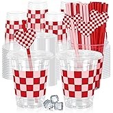 JarThenaAMCS 50Pcs Valentine's Day Plastic Cups with Lids Straws Drinking Cup 12oz Pink Red Checkered Heart Disposable Cups for Wedding Anniversary Valentine Party