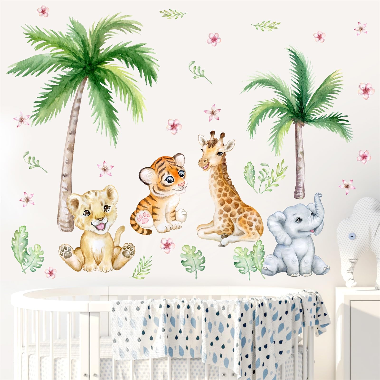 Watercolor Nursery Baby Wall Stickers Jungle Animals Wall Decals Safari Baby Wall Decal Removable Forest Palm Tree Stickers Elephant Giraffe Art Murals for Kids Girls Boys Bedroom Children Room Decor