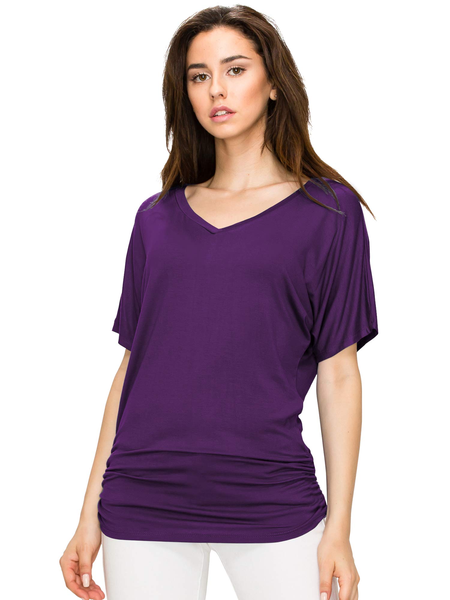 Made By Johnny Women's Dolman Top – Short Sleeve, V-Neck With Side Shirring, Lightweight Knit, Made In USA, Red, XX-Large