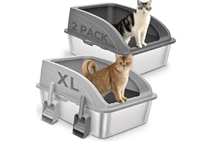 ZVBEK 2 Pack Stainless Steel Cat Litter Box with Lid, XL Extra Large for Big Cats, 24" L x 16" W x 12" H, Metal Litter Box High Sided, Easy Cleaning, Include Scoop (Dark Gray & Light Gray)