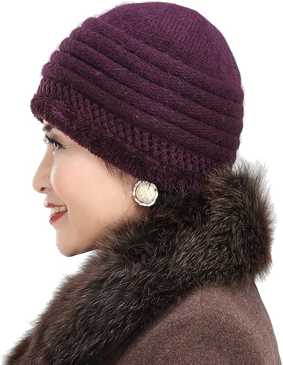 Warm hats, elderly women winter wool hats, ladies padded warm wool knit