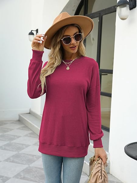 HOUNT WOMENS CASUAL FALL LONG SLEEVE TOPS LOOSE FIT PULLOVER TUNIC TOPS SWEATSHIRTS (SMALL, ROSE RED)