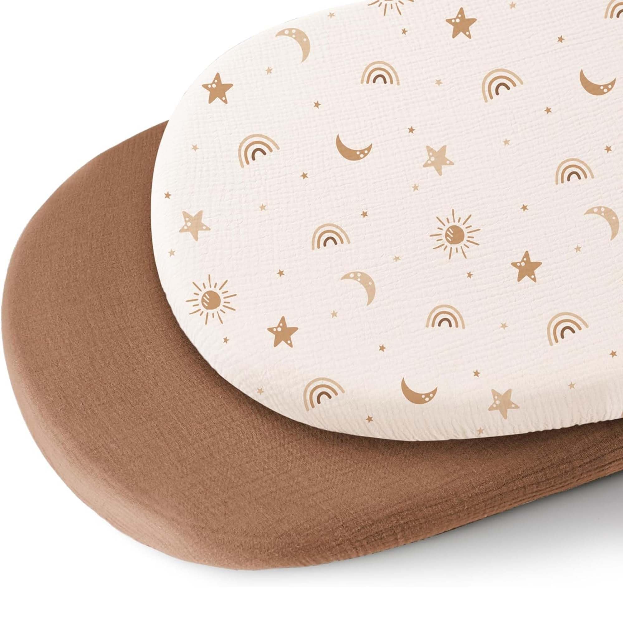 Photo 1 of Konssy 2 Pack Muslin Bassinet Sheets for Baby Boy, 100% Cotton Soft Breathable Bassinet Mattress Sheets Fit for Hourglass Oval Cradle Rectangle Mattress (Sunbeam Yellow,Coffice)