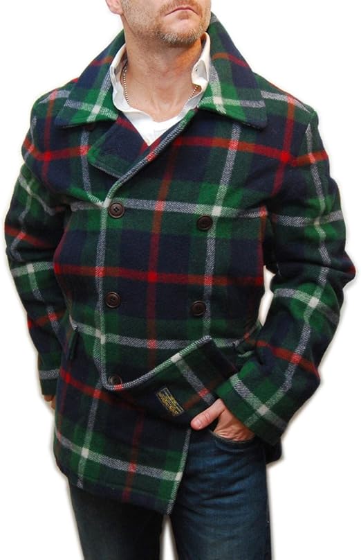 Ralph Lauren Rugby Mens Wool Tartan Pea Coat Jacket Green Blue Red Plaid Large at Amazon Men’s