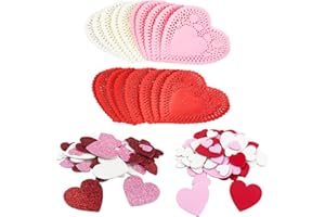 QINGQIU Valentines Day Crafts Set with 100 Heart Doilies, 4 Bags Foam Heart Stickers for Valentines Day Decor Kids Decoration Gifts Party Supplies