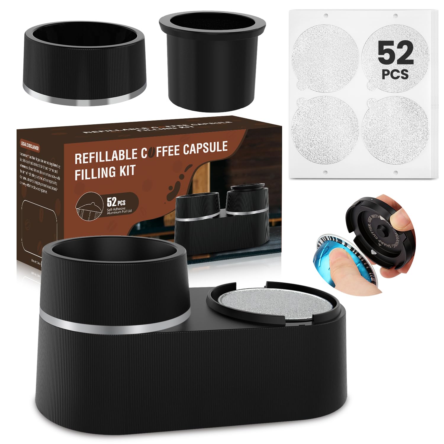 Photo 1 of Pro Mael Reusable Coffee Pods Refill Kit Compatible with Vertuo, Coffee Capsule Refillable Tools with 52 Pcs Aluminum Foil Lids, Compatible with Nespresso Espresso Machine
