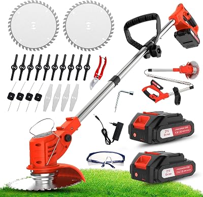 Cortacésped de batería inalámbrico, on 4 Tipos de Accesorios de Corte, 2 baterías de 21V, Plegable y Regulable, jardín y terraza.