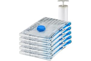 Amazon Basics Vacuum Storage Bags for Clothes, Compression Zipper with Hand Pump, Medium, White, Sky Blue, 5-Pack
