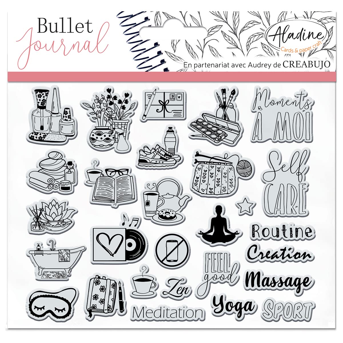 Aladine - Stampo Bullet Clear SELF Care - Sheet of Foam Stamps, Silicone Footprint - Ideal for Bullet Journal, Scrapbooking, Notebooks - DIY Crafts