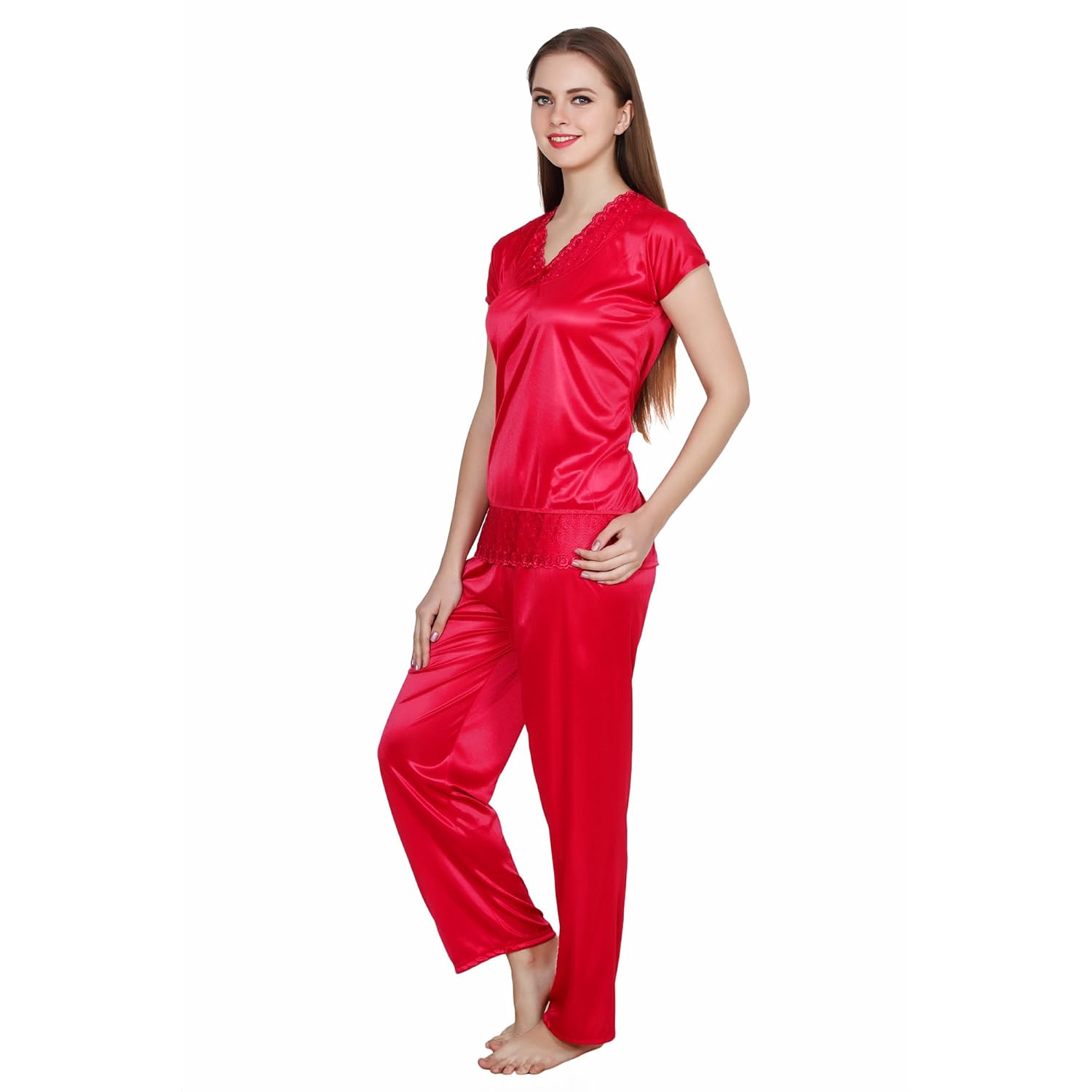 queen pretty women satin pyjama set - red