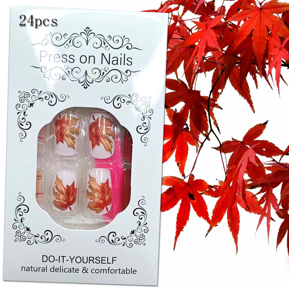 Thanksgiving Fall Press on Nails Medium Square Fake Nails Maple Leaf Orange Glitter Plaid Acrylic Nails Press ons Cute Autumn Leaves Design Full Cover Fall Coffin False Nails Stick on Nails for Women - Image 7