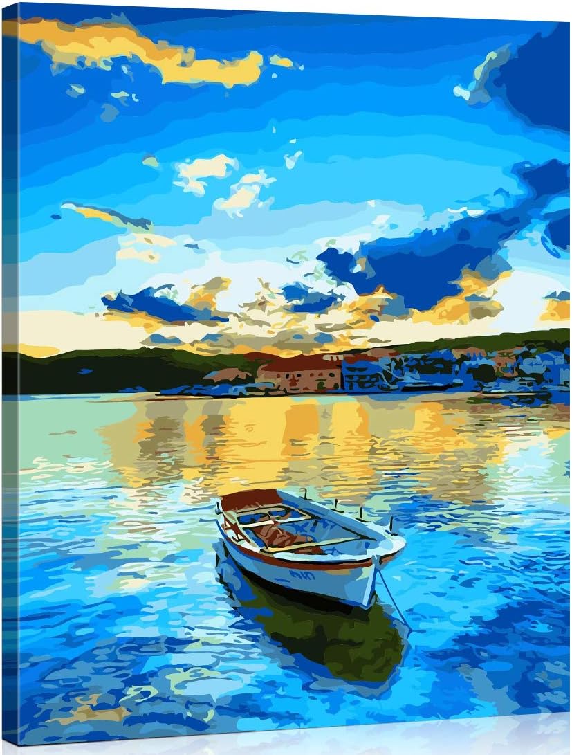 Suntown Wooden Framed Paint by Numbers for Adults and Kids 40 x 50cm Canvas Painting with Brushes and Acrylic Paints - Beautiful Lake (Canvas is Pre-Mounted)