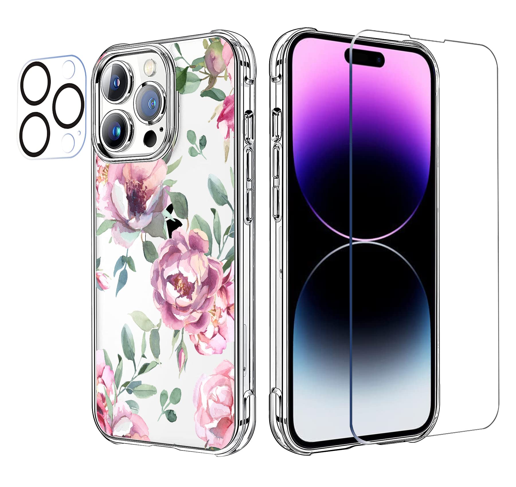 HEYORUN Flower Case Fit for iPhone 14 Pro Max, Cute Floral Design Back Case Cover, with Screen Protector and Camera Lens Protector, Transparent Soft TPU Bumper Shockproof Protective Phone Case