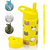 FAHRMOSIS 14 OZ Kids Water Bottle with Straw & 2 Lids (Flip & Spout) Leak Proof Metal Insulated Stainless Steel Reusable Tumbler for School & Sports Water Bottle - Yellow (Cat)