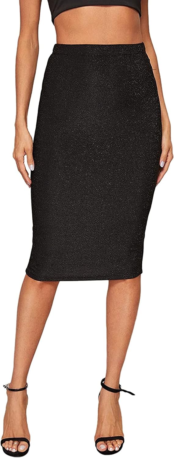 Women's Solid Basic Below Knee Stretchy Pencil Skirt Amazon.co.uk