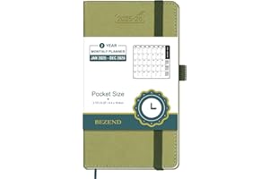 BEZEND 2 Year Pocket Calendar 2025-2026 - Small Monthly Planner for Purse 6.5" x 3.5", Runs Jan 2025 to Dec 2026, 100 GSM Paper, Pen Loop & Notes, PU Leather Hardcover in Kiwi