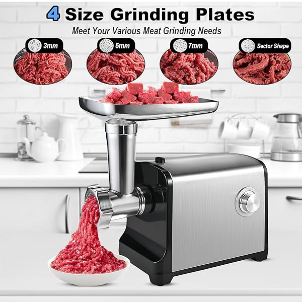 ELECTRIC MEAT GRINDER, [3200W MAX] MEAT GRINDER HEAVY DUTY FOR HOME USE, SAUSAGE STUFFER WITH 2 BLADES, 4 GRINDING PLATES, 3 SAUSAGE TUBES, KIBBE KIT, STAINLESS STEEL (BLACK)