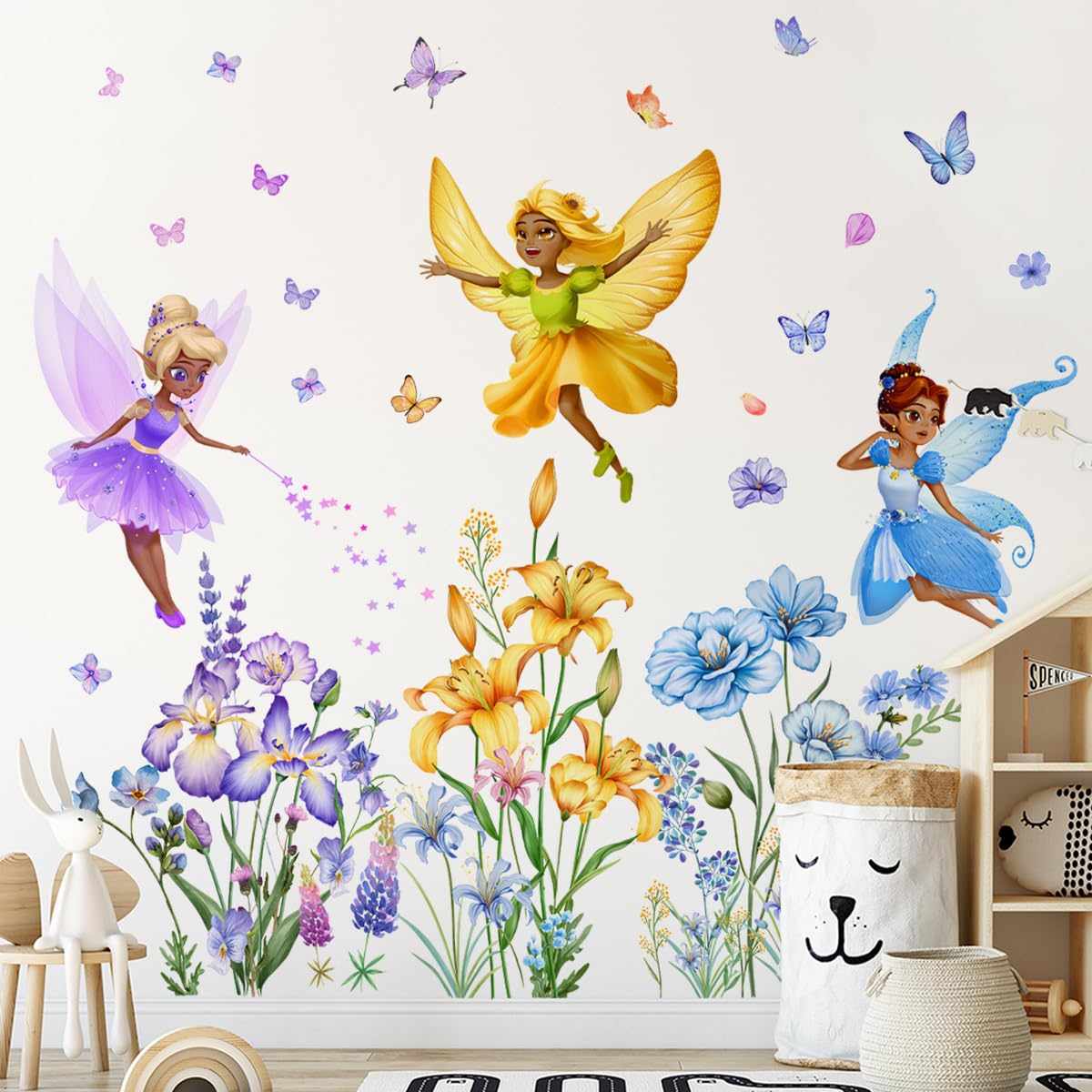Runtoo Large Fairy Wall Decals Flower Butterfly Elf Wall Stickers for Black Girls Bedroom Kids Room Baby Nursery Wall Decor