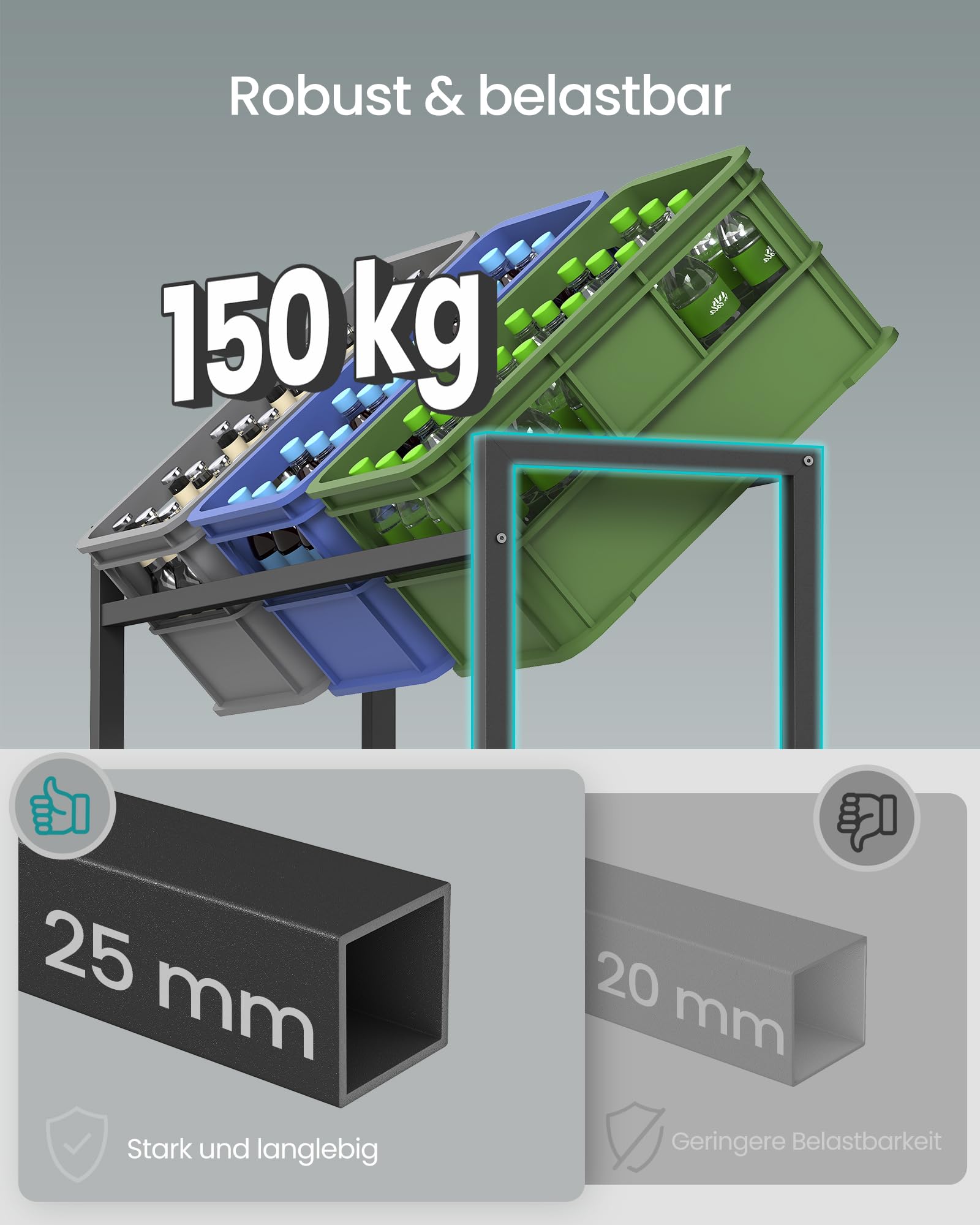 SONGMICS Getränkekistenregal, 2 Ebenen, für 6 Kisten, Aufbewahrungsregal, Jede Ebene bis 150 kg belastbar, Stahl, Getränkeregal, für Küche, Wohnzimmer, Garage, tintenschwarz BSC303B01 3