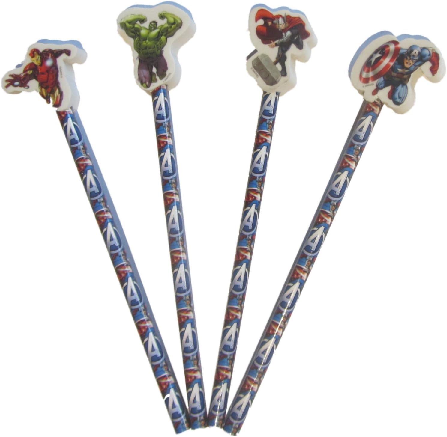 4 x Marvel Avengers Pencils & Eraser Toppers Party Bag Fillers Hulk Iron Man Captain America Thor